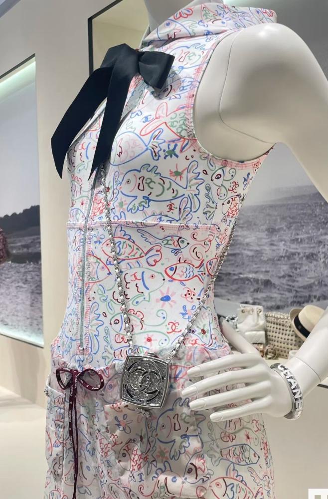 2025 Chanel Jersey Stretch Silk Swimsuit with Colorful Fish