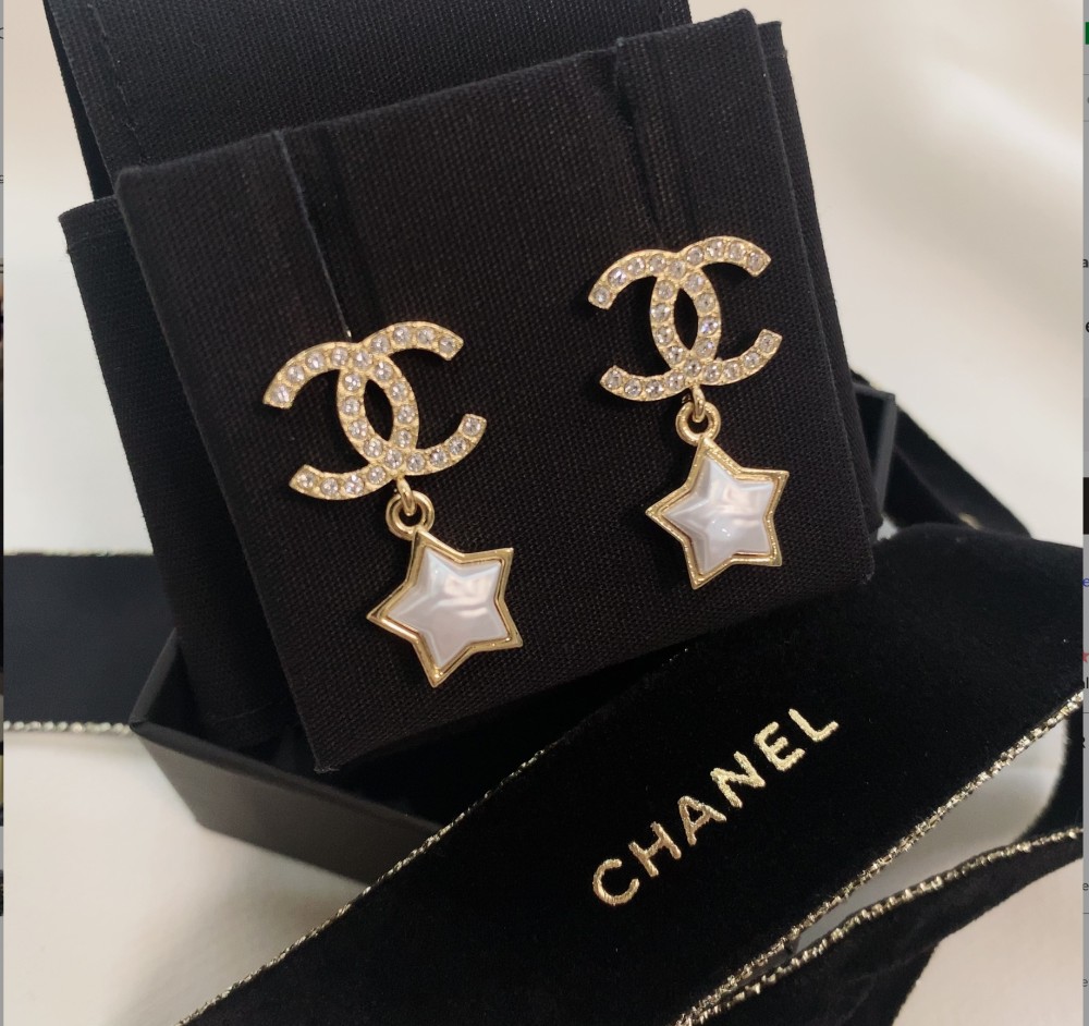 2024 Chanel Gold Crystal Star Pendant Stud Earrings with