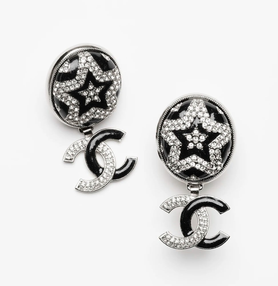 2024 Chanel Stud Earrings Stud Closure Metal Resin Strass Black Star Studded with Crystal Silver Black Crystal