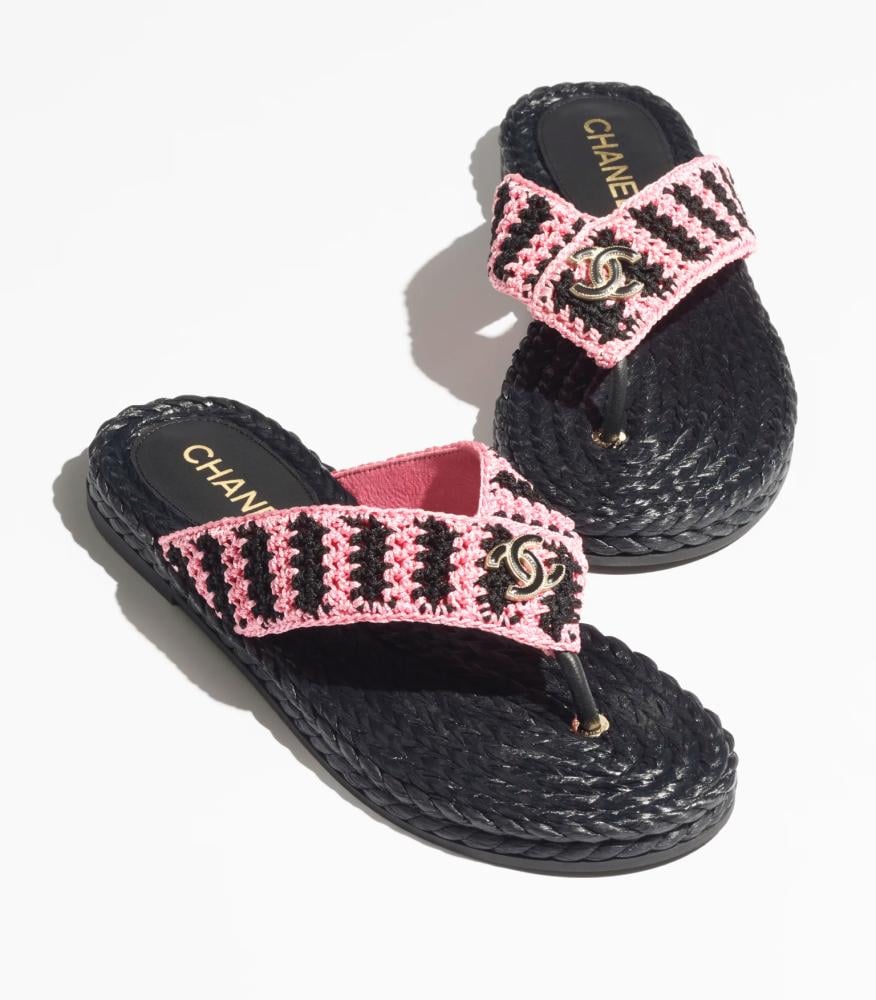 2024 Chanel Black Pink Crochet Toe Slippers - TEBOUGIE