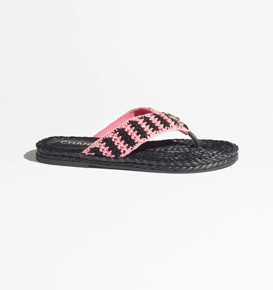 2024 Chanel Black Pink Crochet Toe Slippers - TEBOUGIE