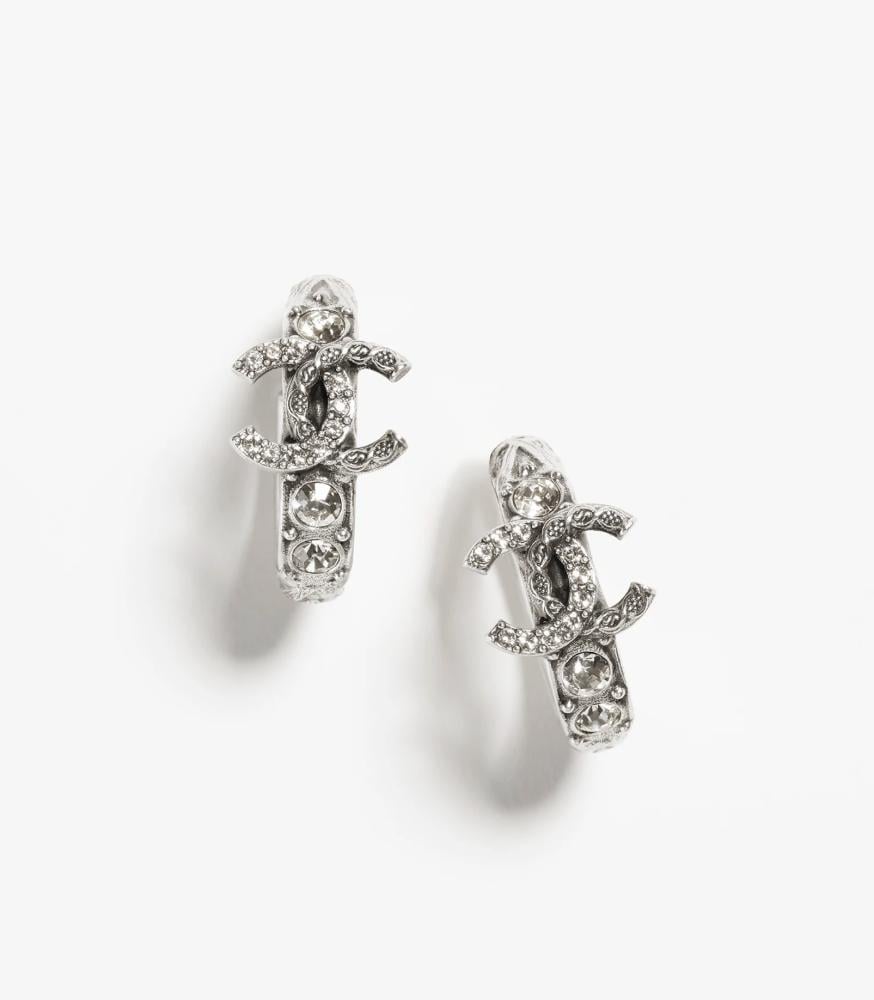 2024 Chanel Crystal Silver Hoop Earrings - TEBOUGIE