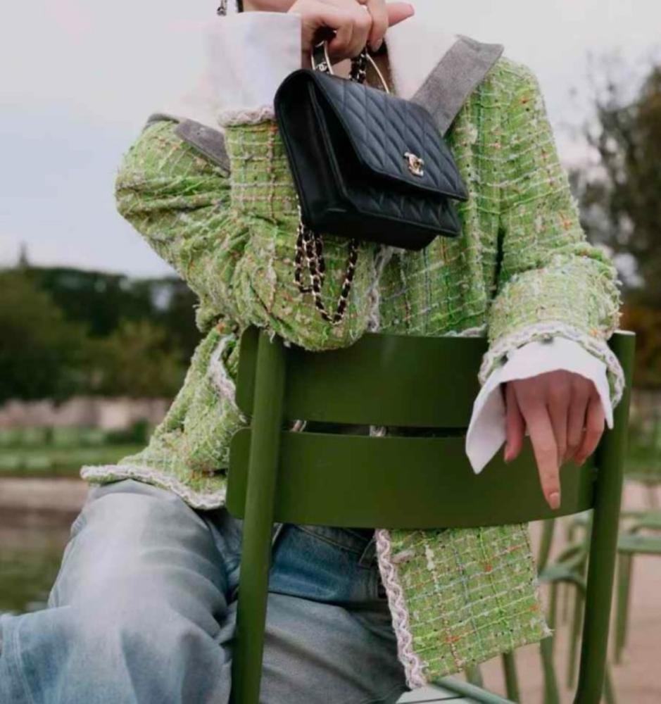 2025 Chanel Jacket Green Tweed Jacket with Grey Hoodie - TEBOUGIE
