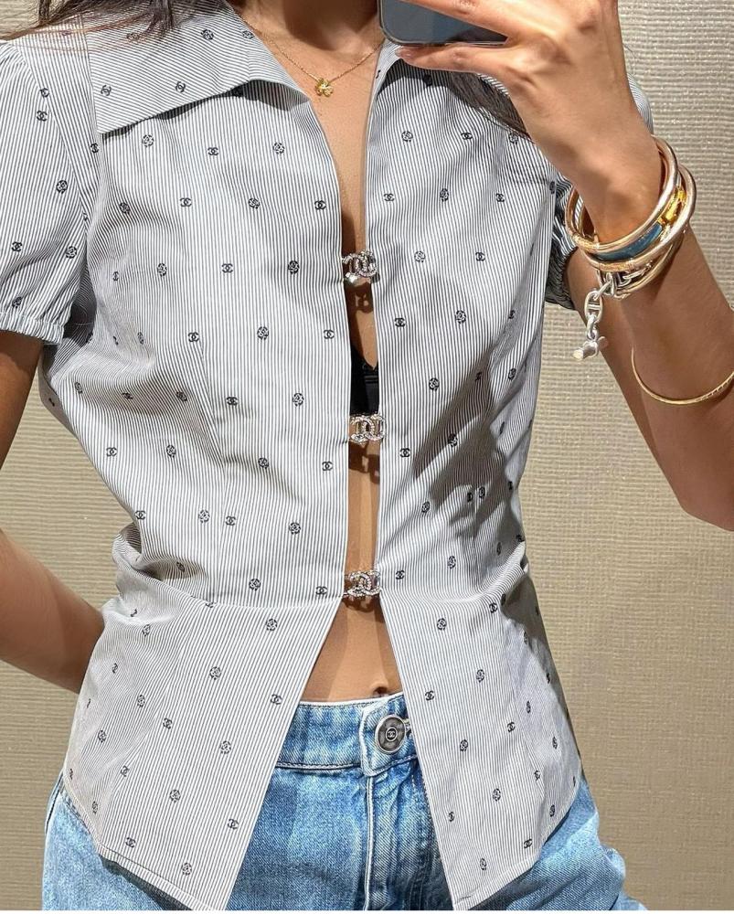 2024 Chanel cotton shirt with prints and crystal clasps