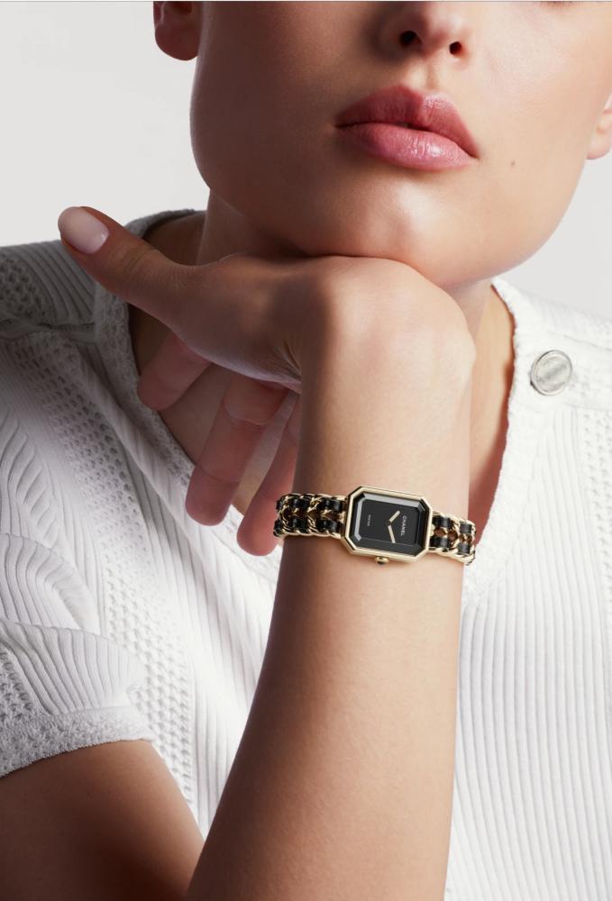 Chanel Watch Small Size Gold Steel Black Leather Premier