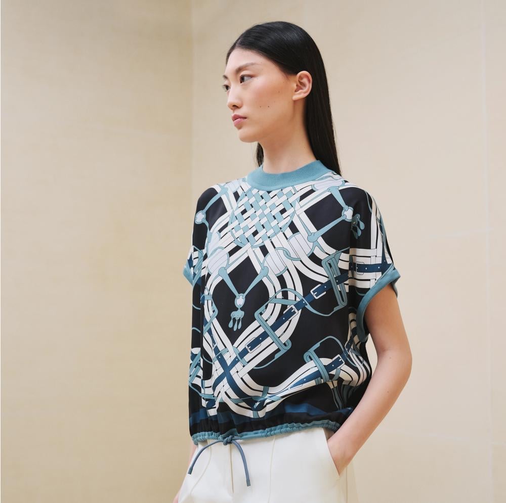 HERMES エルメス シルク切替半袖ニット サイズ:M マリン柄    ブルー レディース / 241006002527 HERMES - HERMES エルメス シルク切替半袖ニット サイズ:M マリン柄