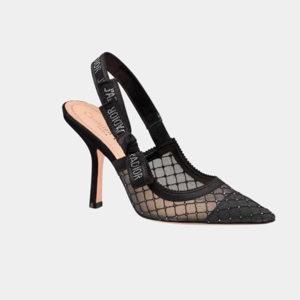 DIOR JAdior Slingback Pump in black sheer mesh with silver stones