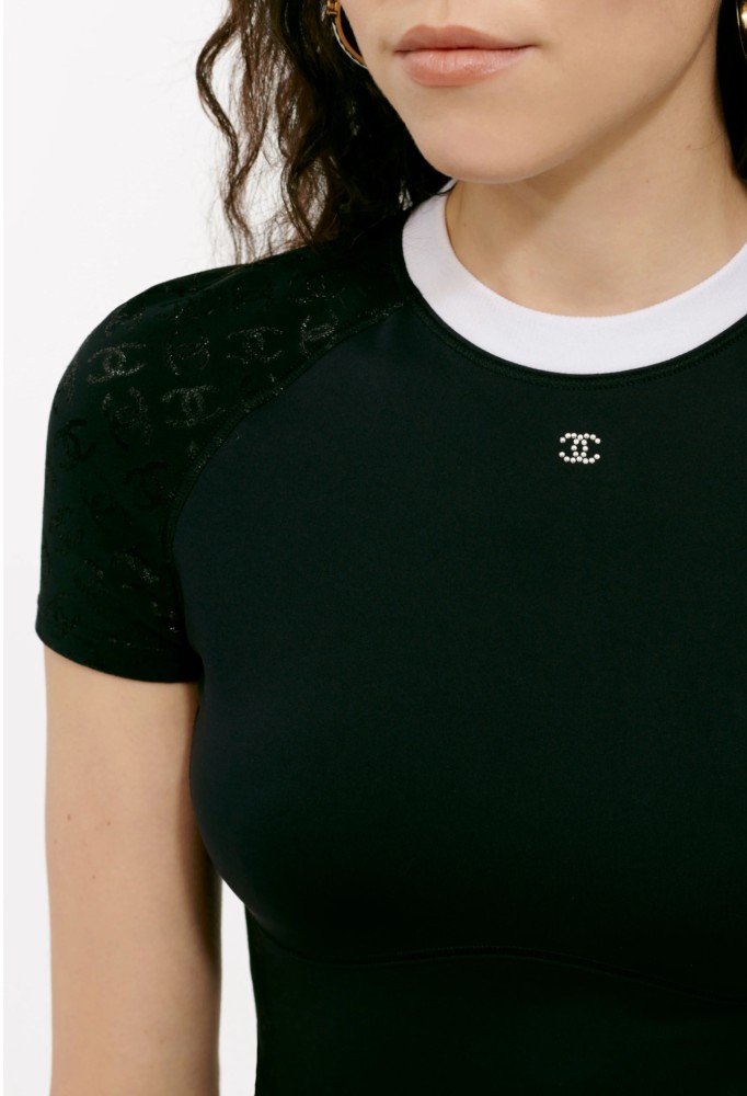 2024 Chanel black stretch jersey shirt with white collar