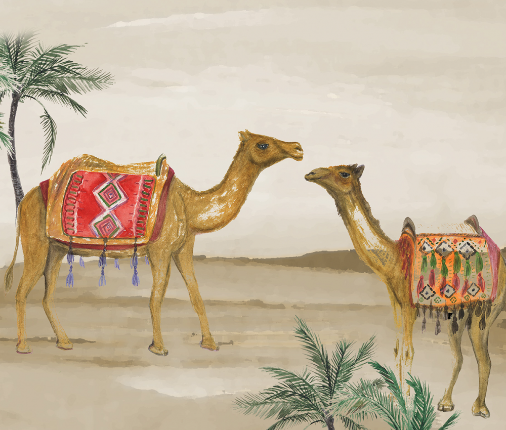 لوحة فنية .من الابل في الصحراء بفن تجريدي