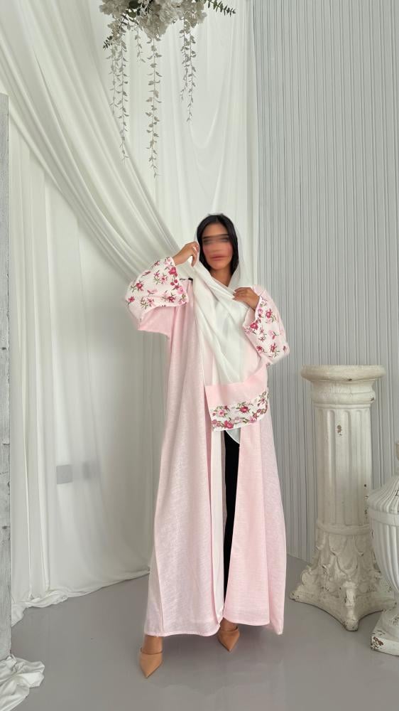 عباية لنن هندي مبطنه و مطرزة بالاكمام - نص كلوش و