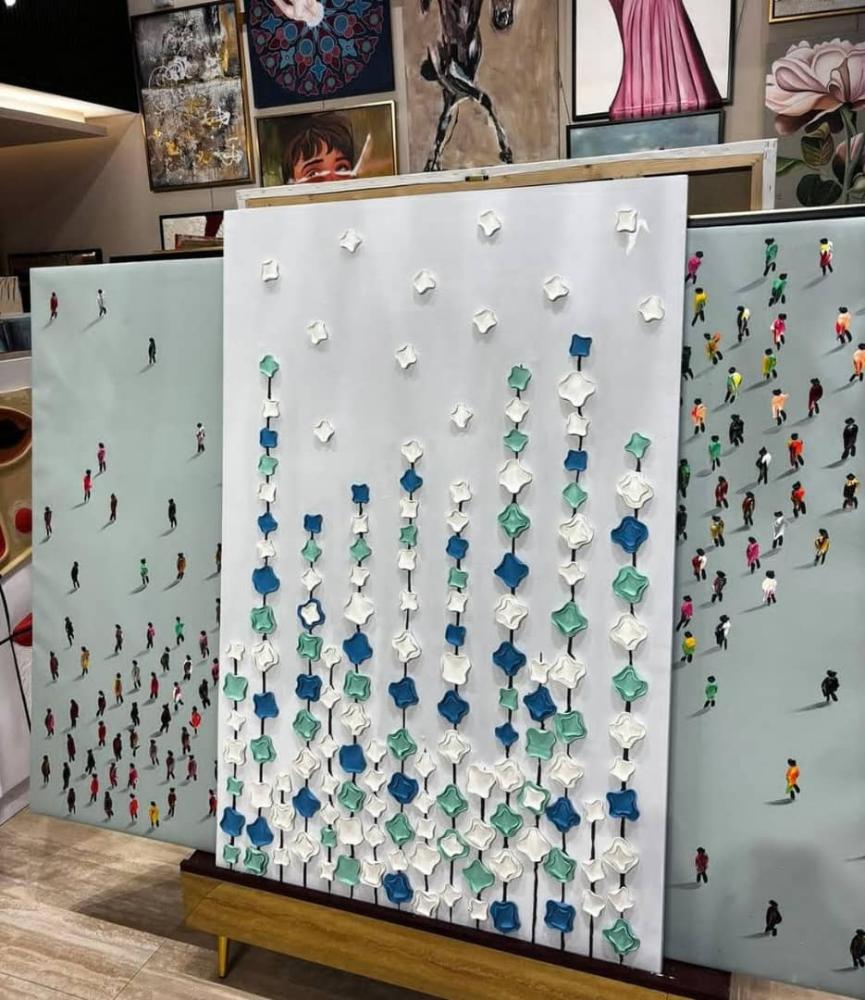 لوحة جبسية فخمة بتصميم ورد - لون ابيض و ازرق و اخضر