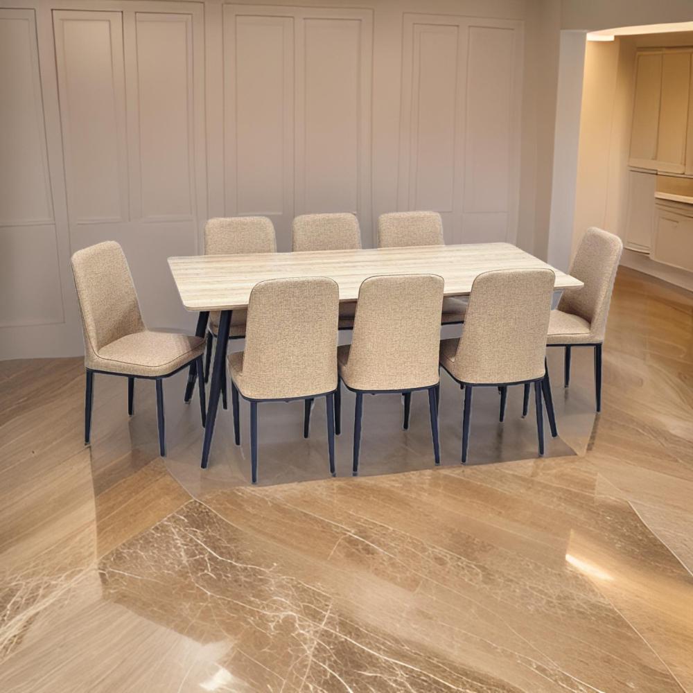 طاولة طعام خشب و 8 كراسي جلد لون بني فاتح