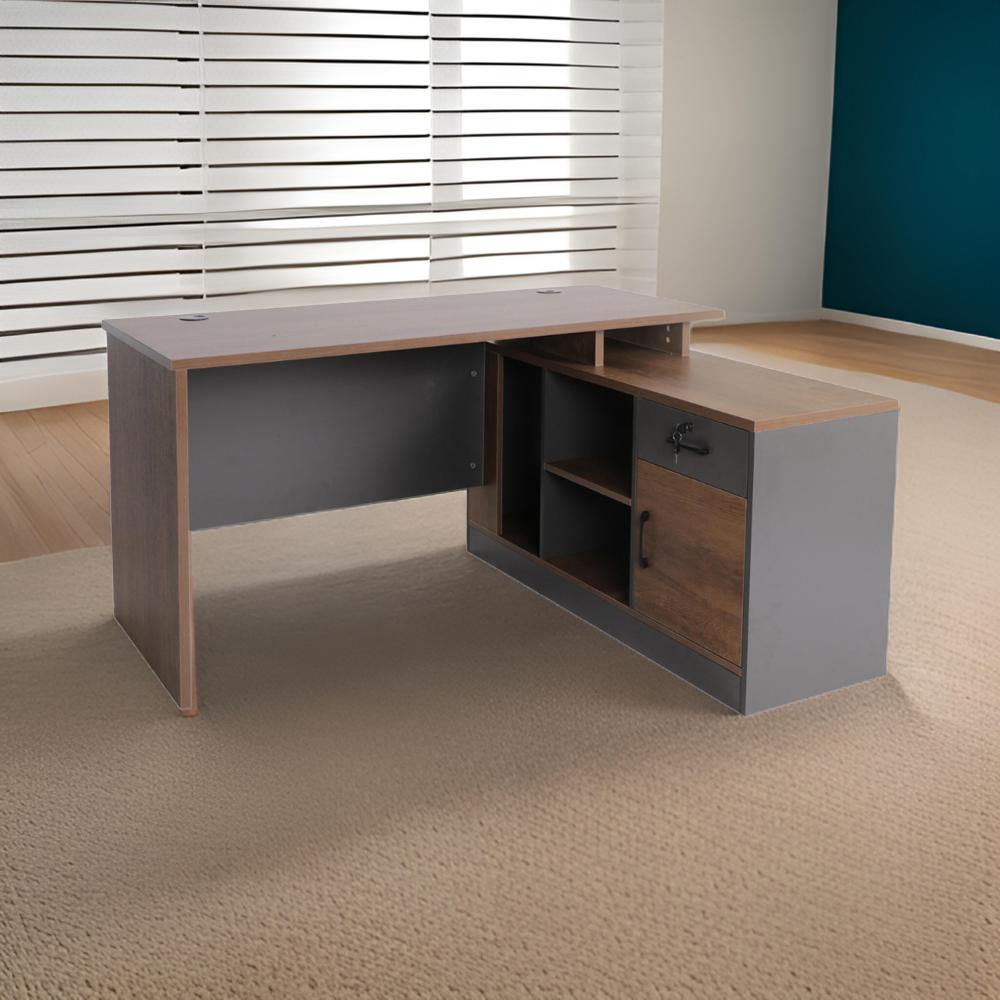 مكتب حرف L مقاس 140سم لون بني فاتح + رمادي