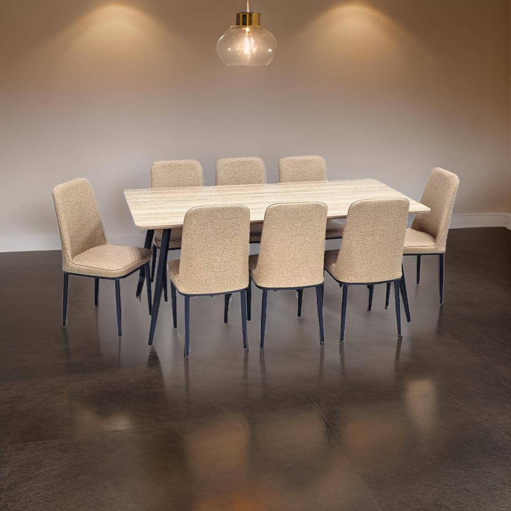 طاولة طعام خشب و 8 كراسي جلد لون بني فاتح