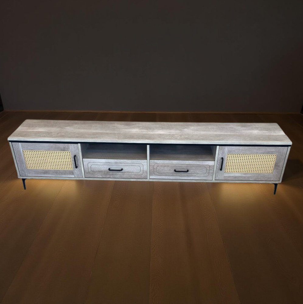 طاولة تلفاز خشب و راتان مقاس 200 سم لون رمادي فاتح