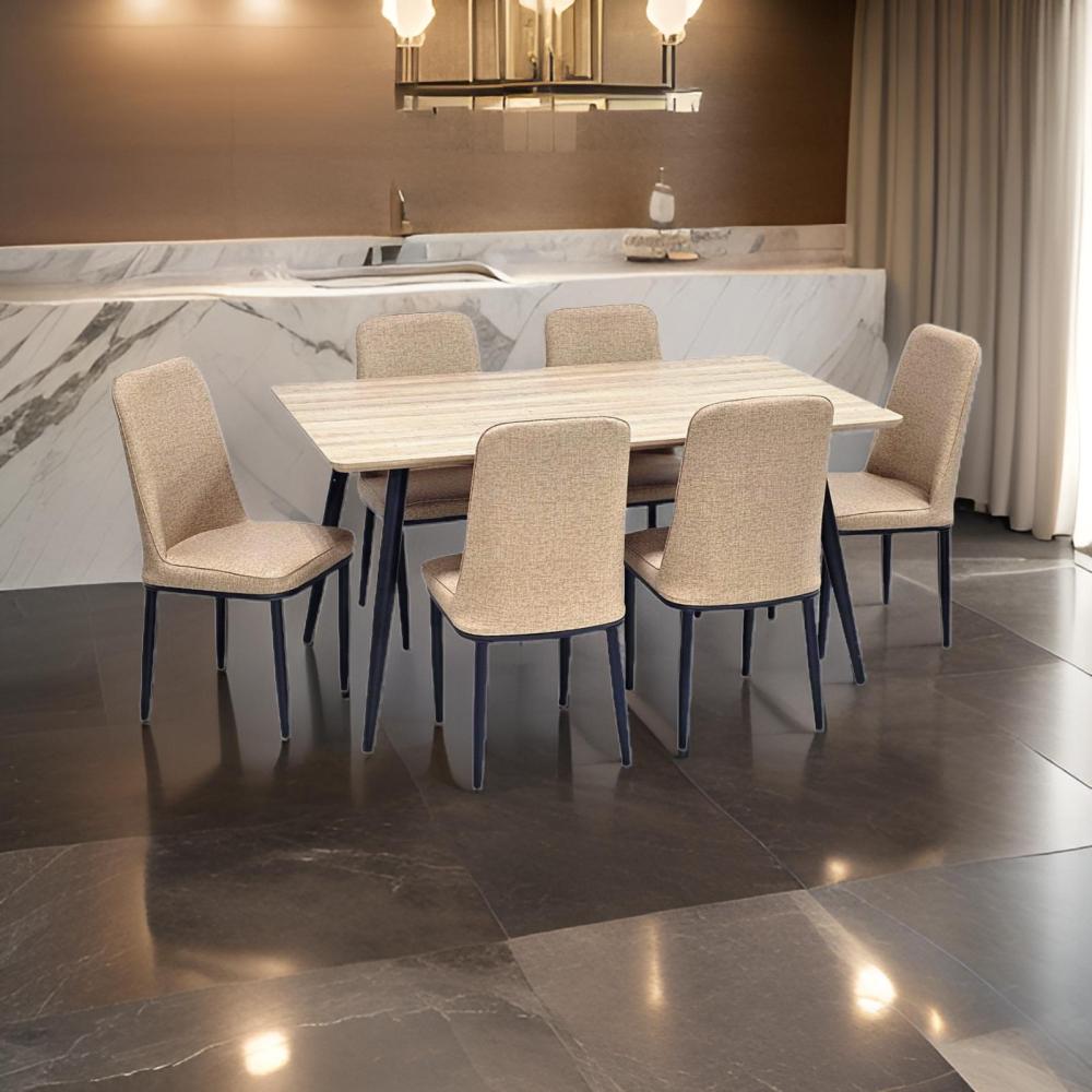 طاولة طعام خشب و 6 كراسي جلد لون بني فاتح