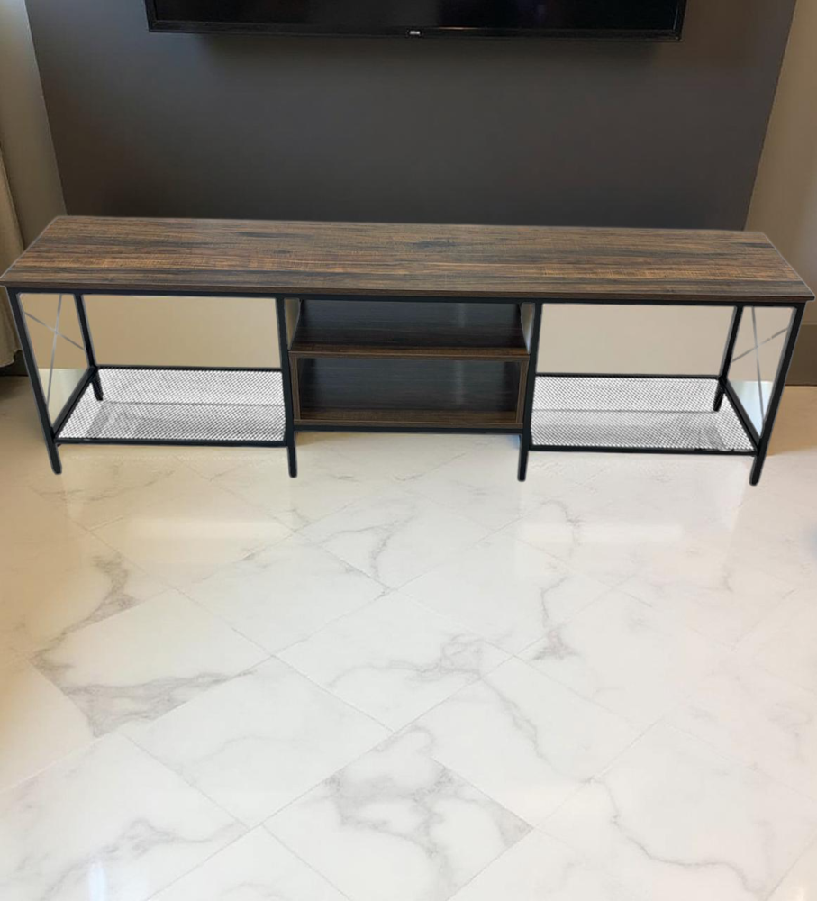 طاولة تلفاز خشب ورف اضافي ستيل مقاس 180 سم - لون بني عتيق