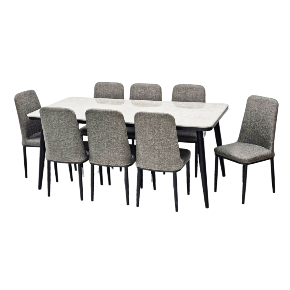 طاولة طعام رخام 8 كرسي جلد لون رمادي