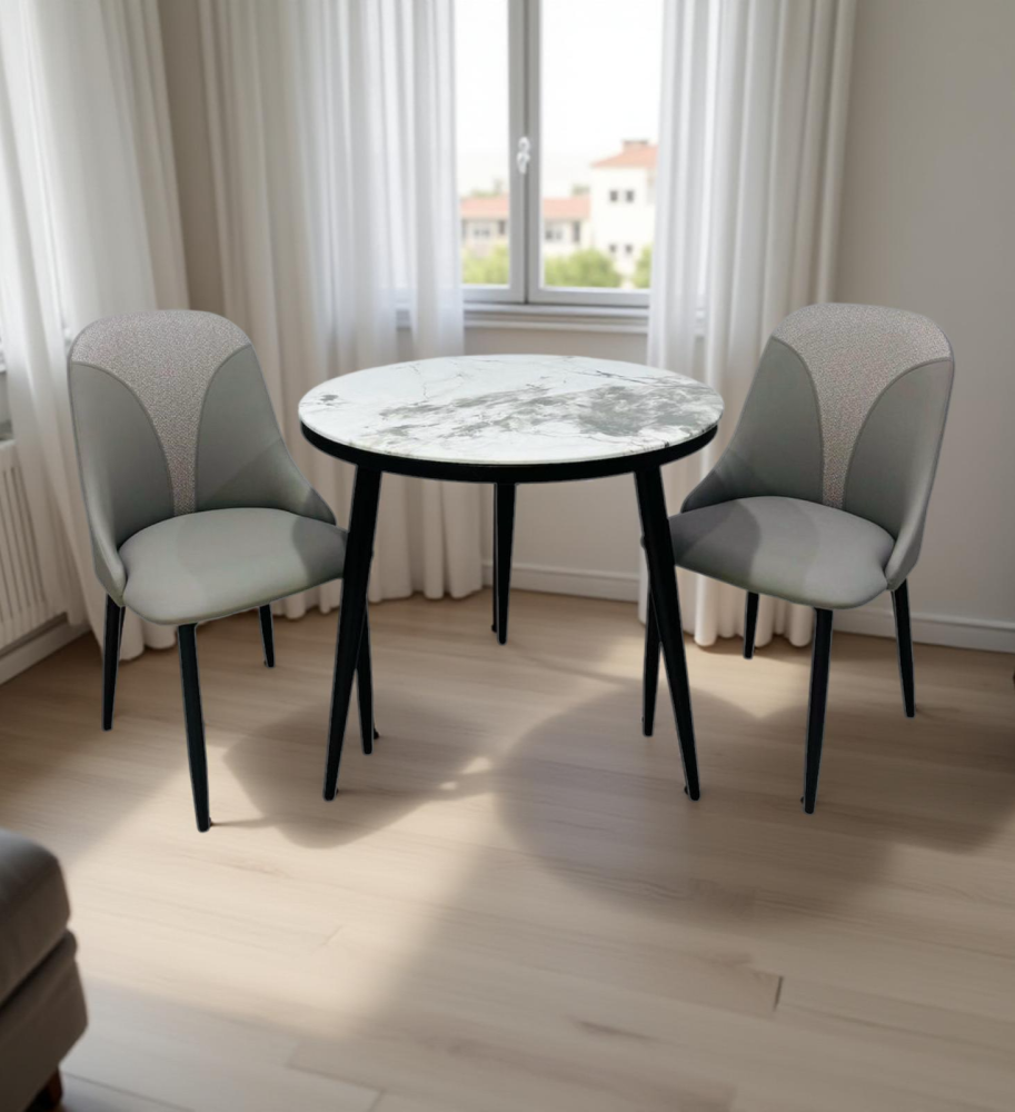 طاولة رخام دائرية و 2 كرسي جلد