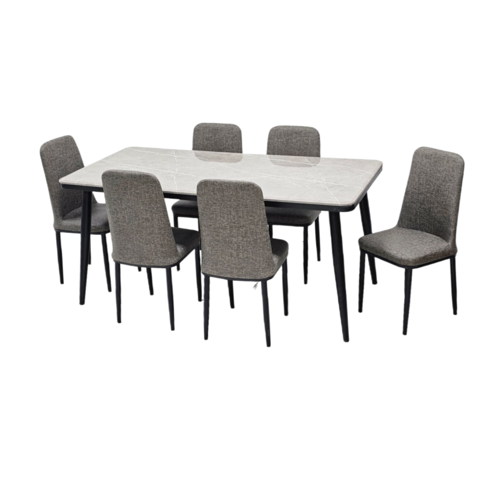طاولة طعام رخام 6 كرسي جلد لون رمادي