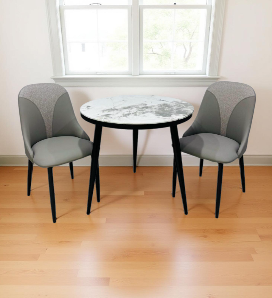 طاولة رخام دائرية و 2 كرسي جلد