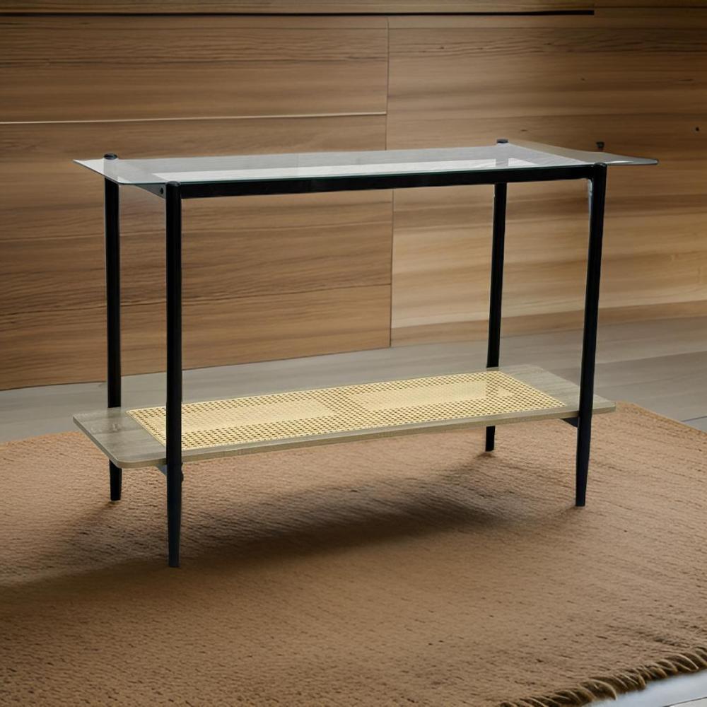 طاولة استقبال زجاج و راتان لون بيج