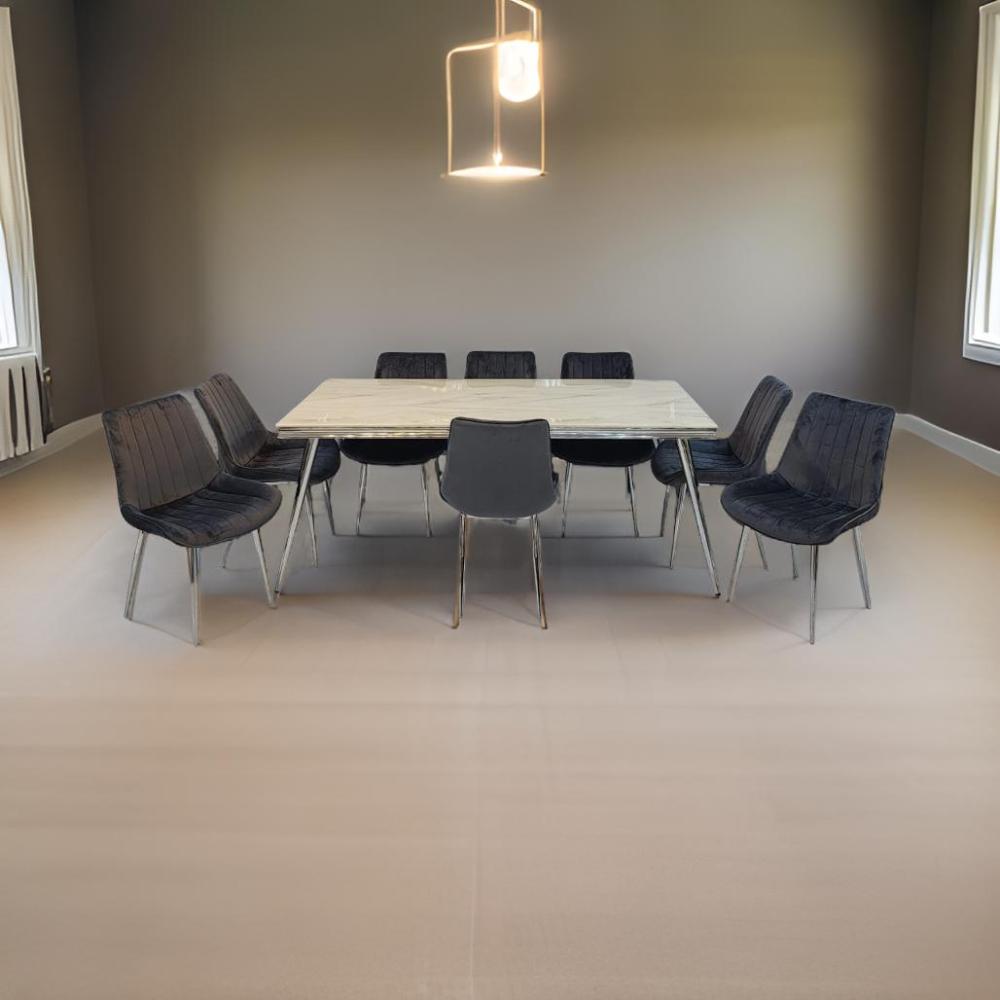 طاولة طعام ستيل رخام 8 كرسي رمادي غامق