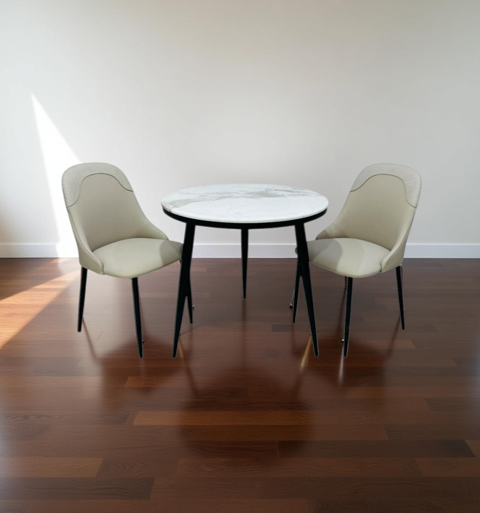 طاولة رخام دائرية و 2 كرسي جلد