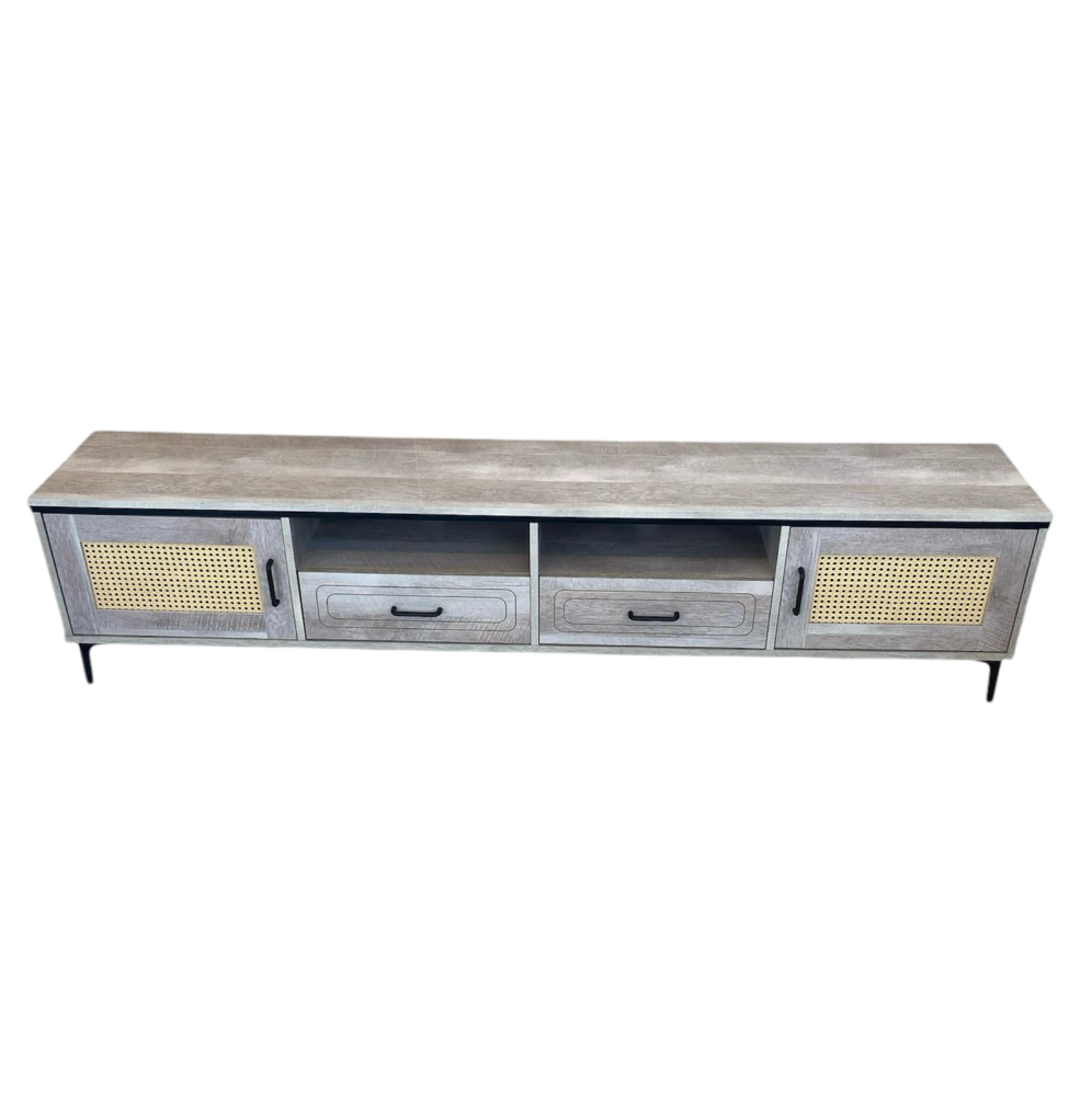 طاولة تلفاز خشب و راتان مقاس 200 سم لون رمادي فاتح
