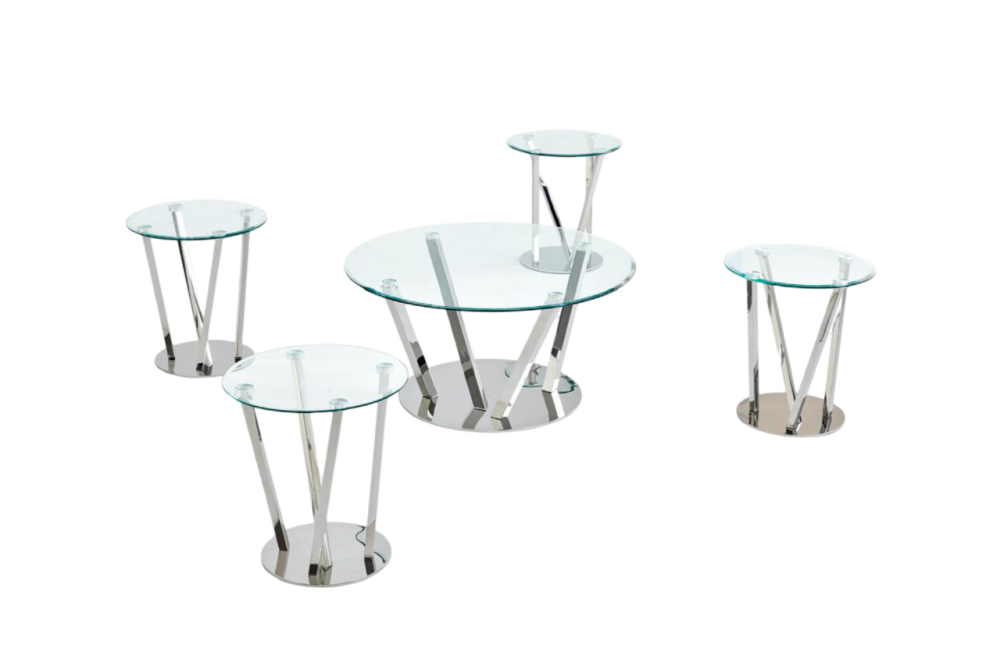 طقم طاولات خدمة استيل فضي : تصميم فاخر مع سطح زجاجي – 5 قطع