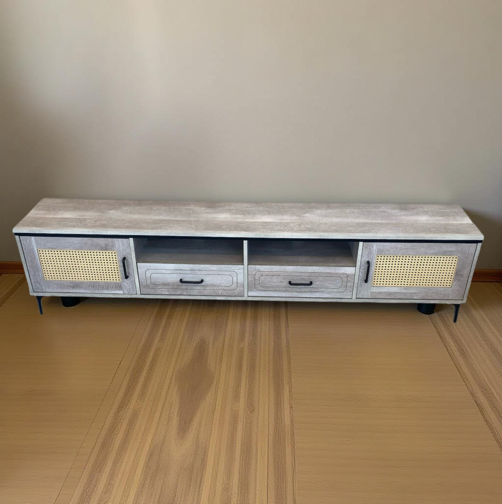 طاولة تلفاز خشب و راتان مقاس 200 سم لون رمادي فاتح