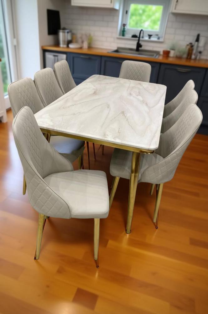 طاولة طعام رخام ستيل ذهبي 8 كرسي جلد