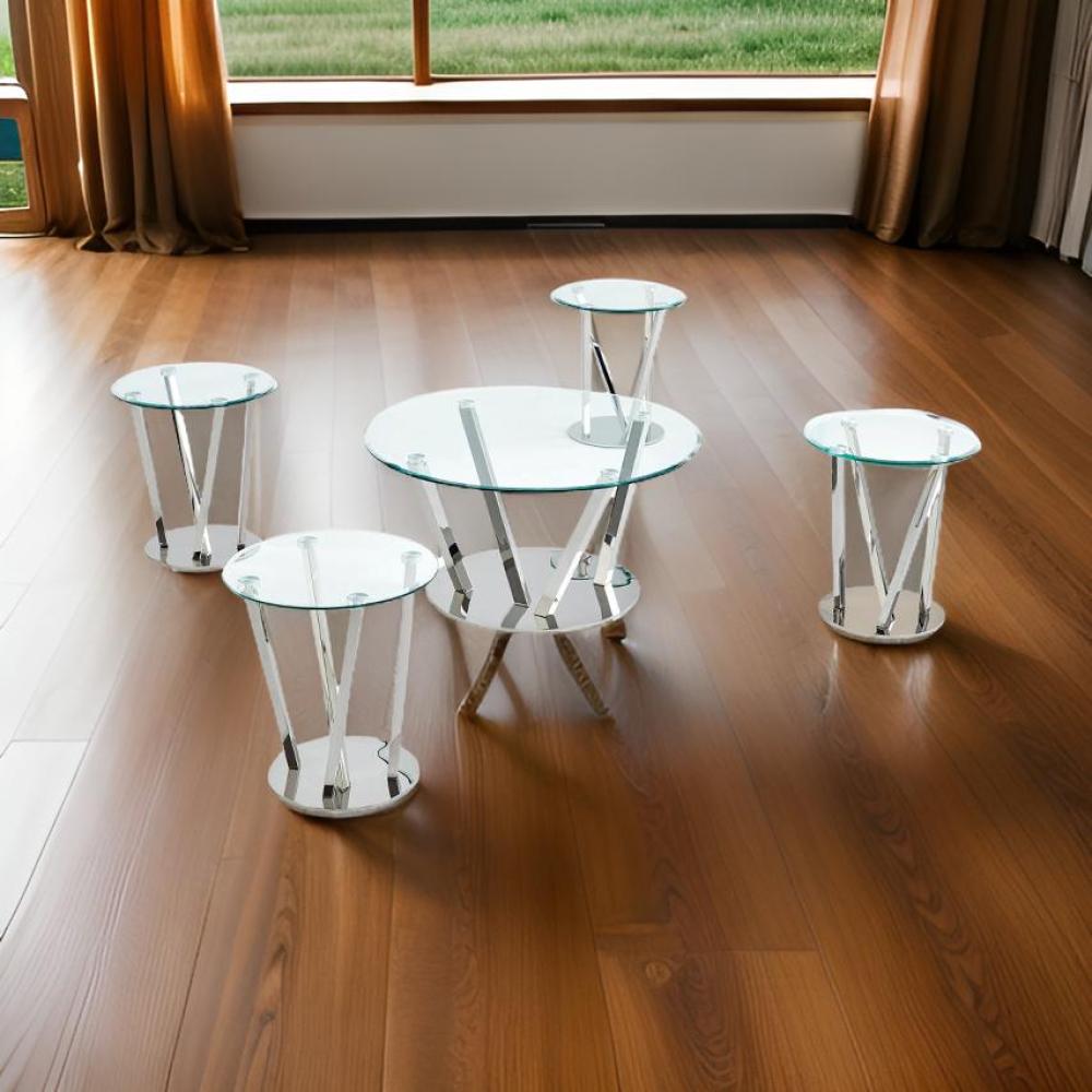 طقم طاولات خدمة استيل فضي : تصميم فاخر مع سطح زجاجي – 5 قطع