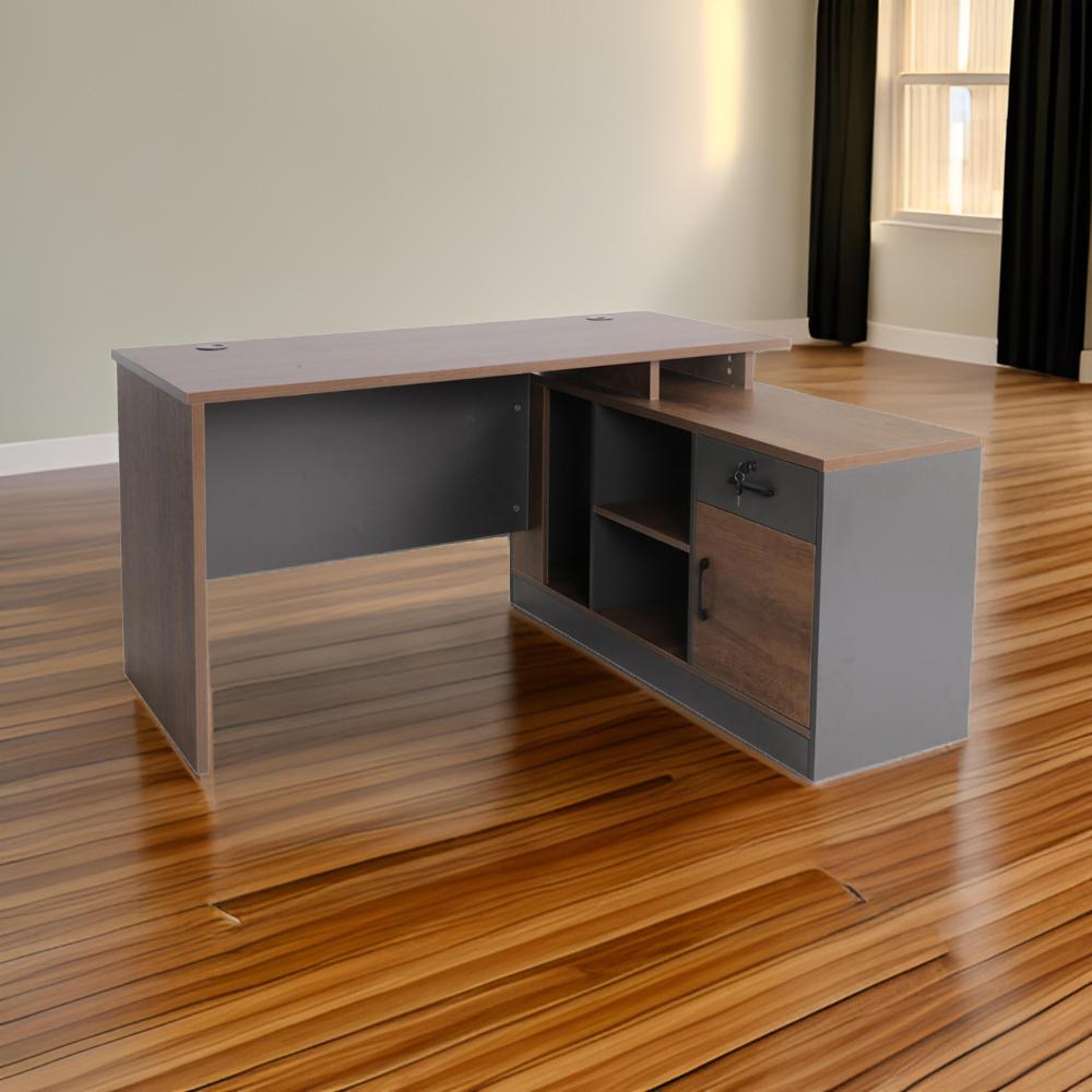 مكتب حرف L مقاس 140سم لون بني فاتح + رمادي