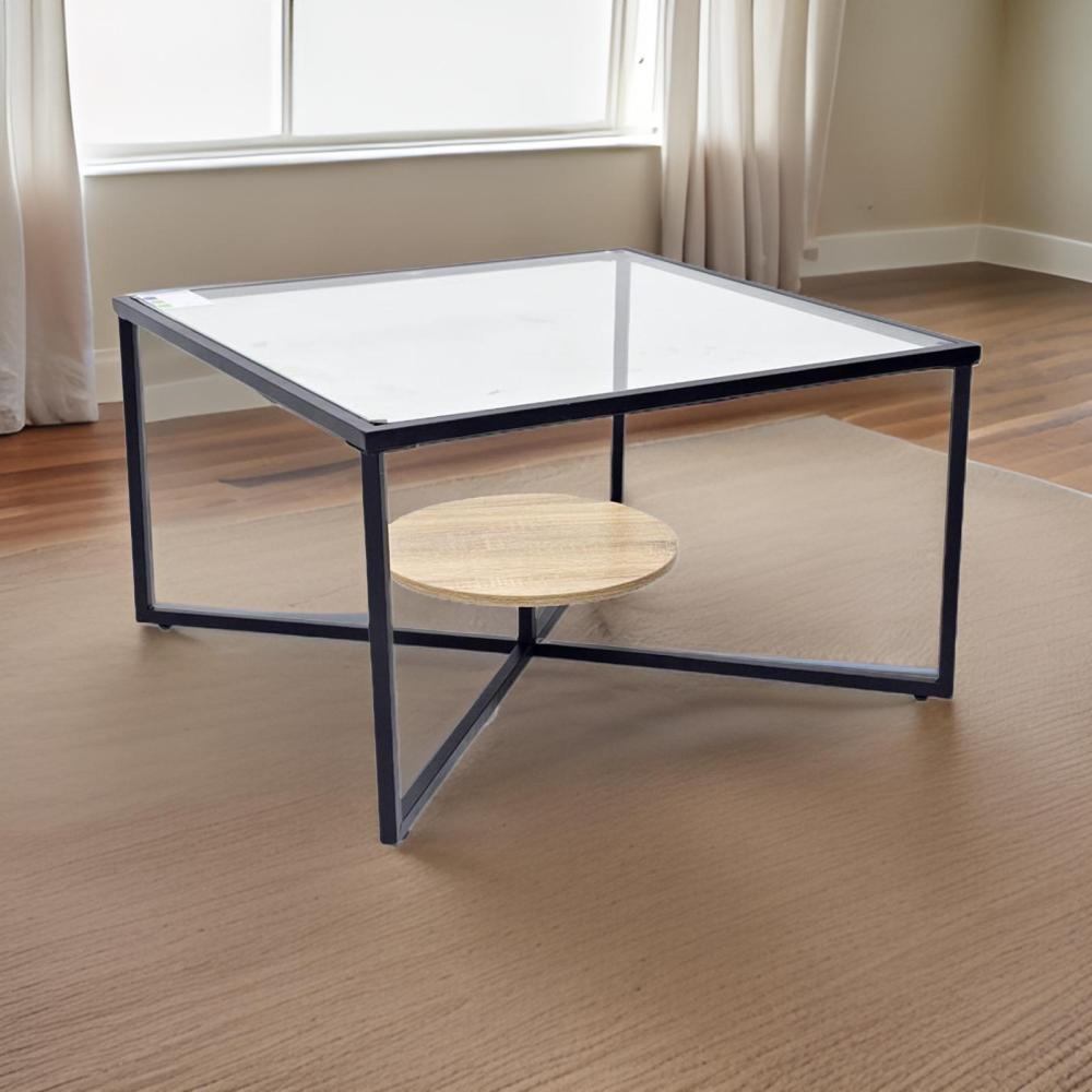 طاولة كنب زجاج ورف خشب بيج  مقاس 80 سم