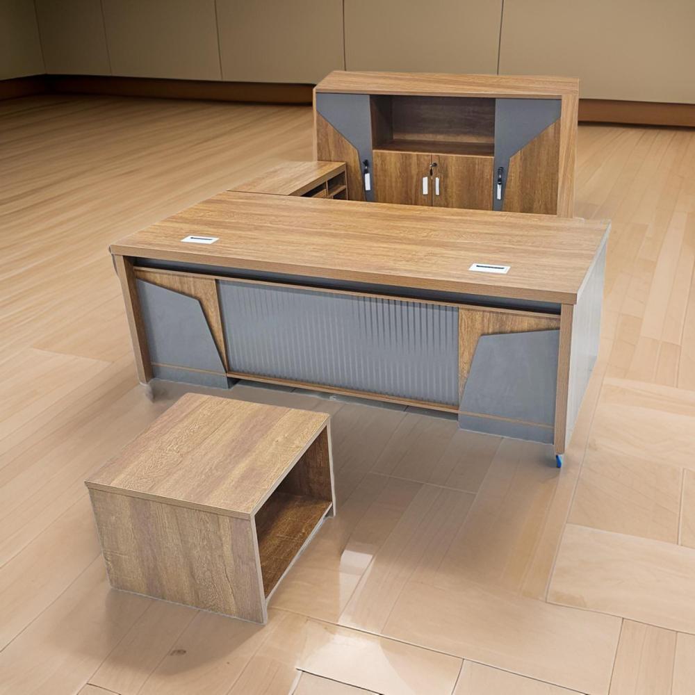 مكتب حرف L مع دولاب وطاولة خدمة