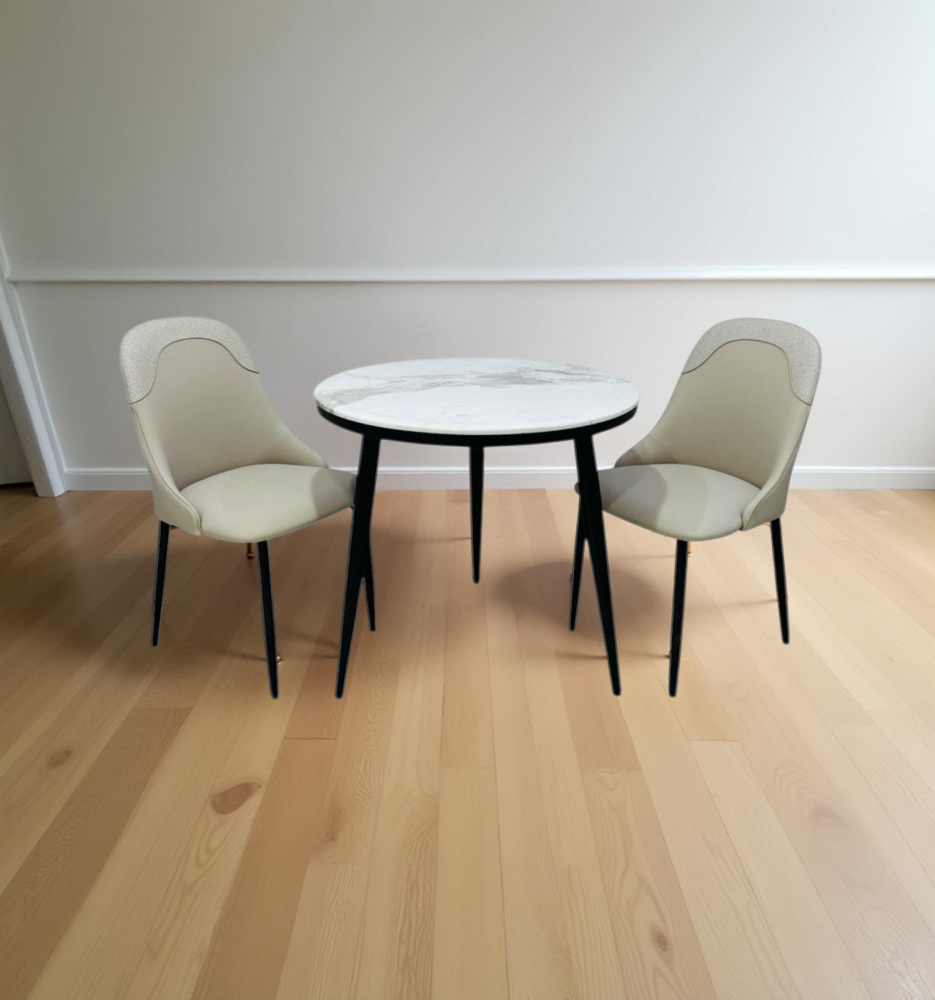 طاولة رخام دائرية و 2 كرسي جلد