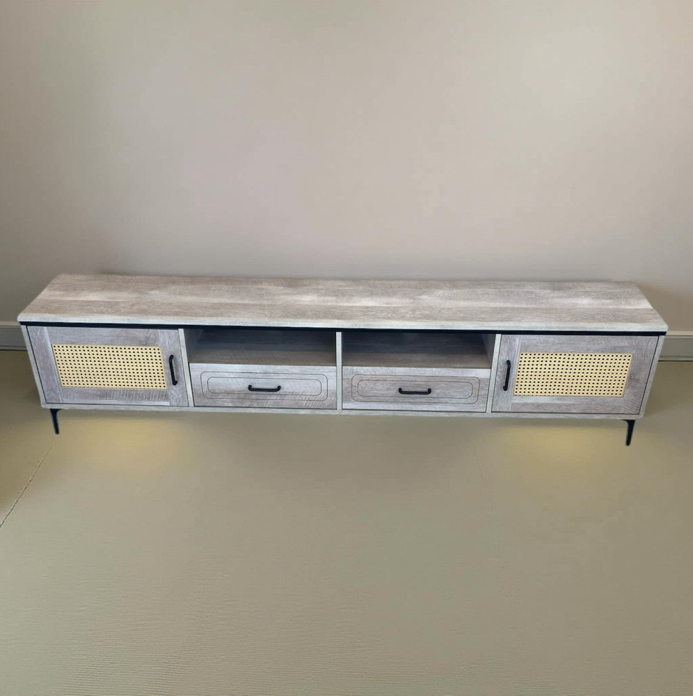 طاولة تلفاز خشب و راتان مقاس 200 سم لون رمادي فاتح