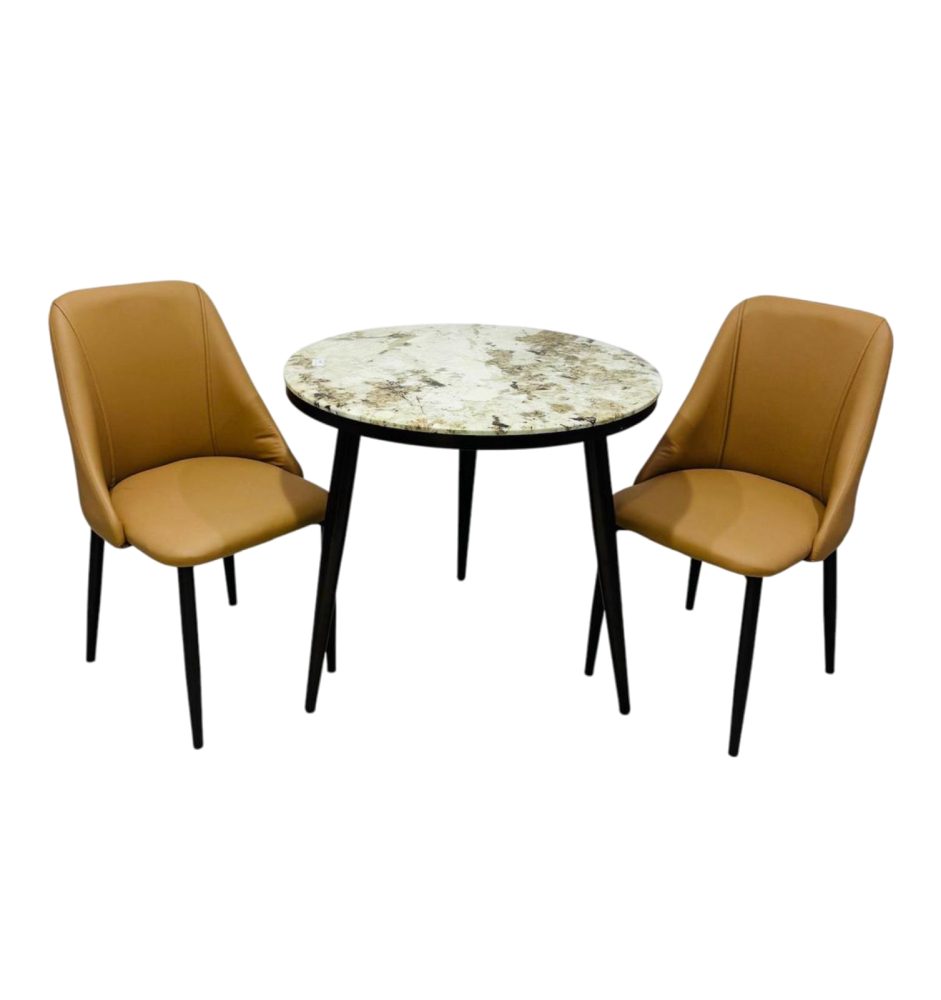 طاولة رخام دائرية و 2 كرسي جلد