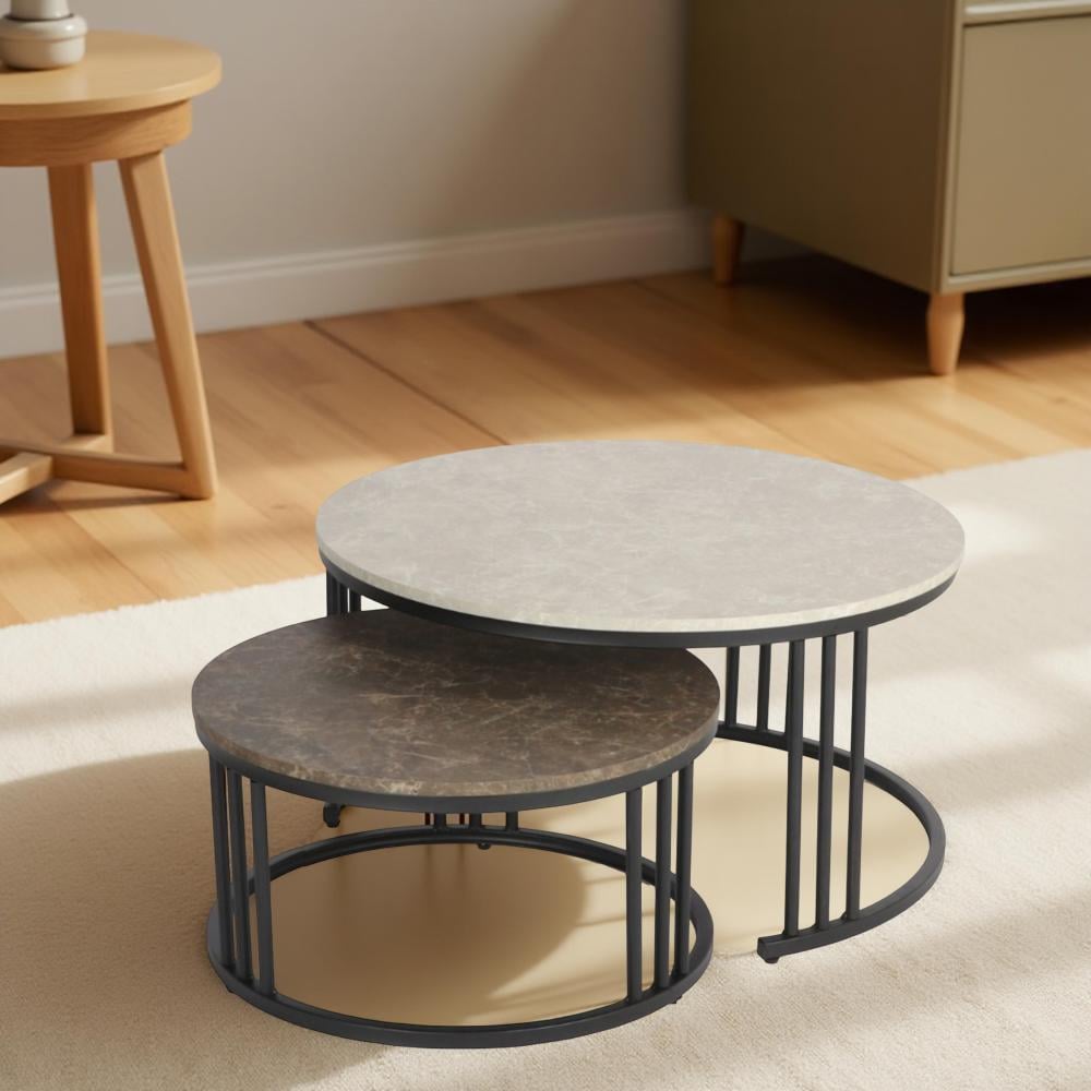 طقم طاولات خشب ثنائية بتصميم دائري لون بيج و بني