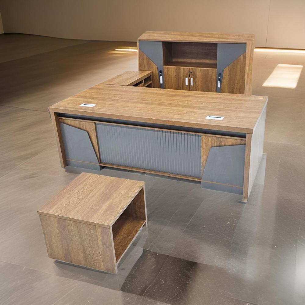 مكتب حرف L مع دولاب وطاولة خدمة