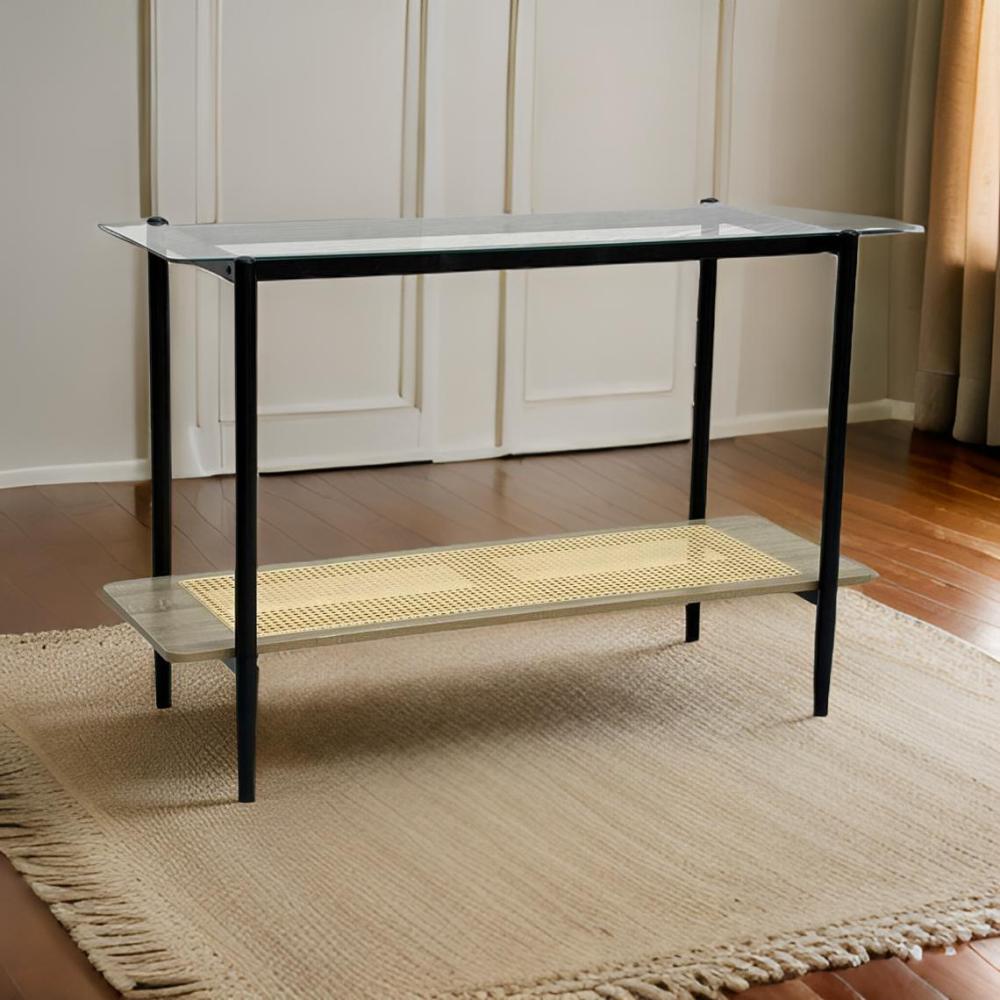 طاولة استقبال زجاج و راتان لون بيج