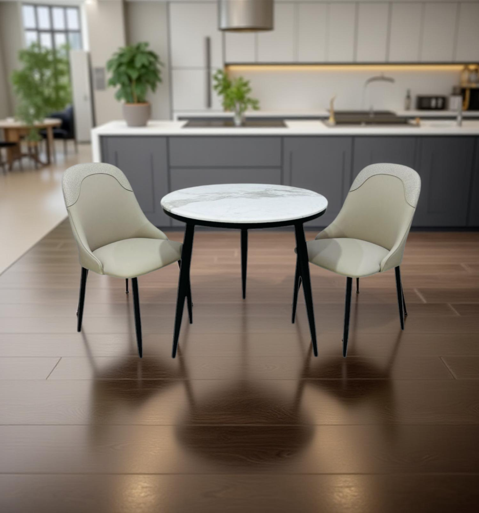 طاولة رخام دائرية و 2 كرسي جلد