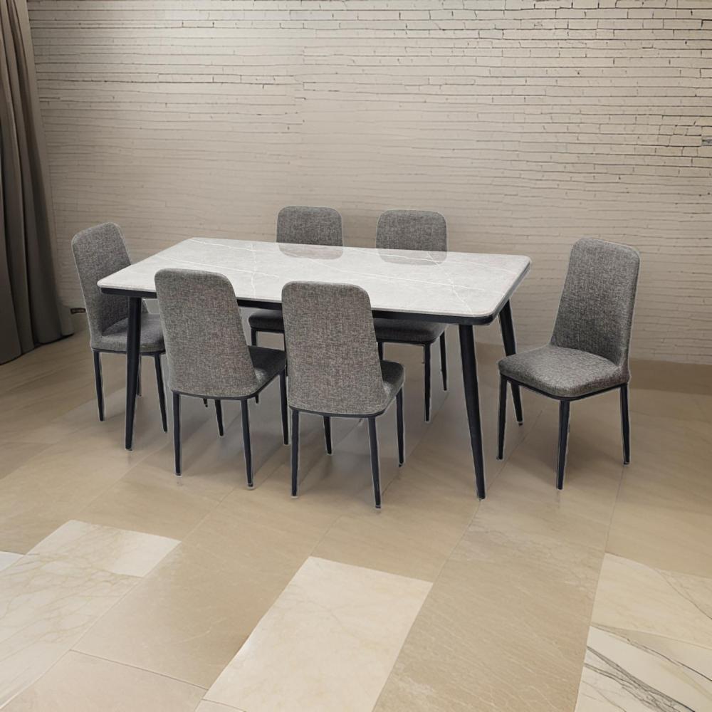 طاولة طعام رخام 6 كرسي جلد لون رمادي