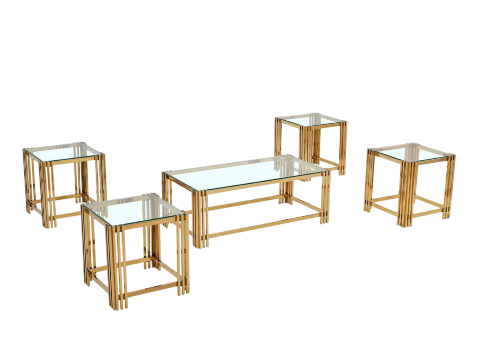طقم طاولات خدمة استيل ذهبي: تصميم فاخر مع سطح زجاجي – 5 قطع
