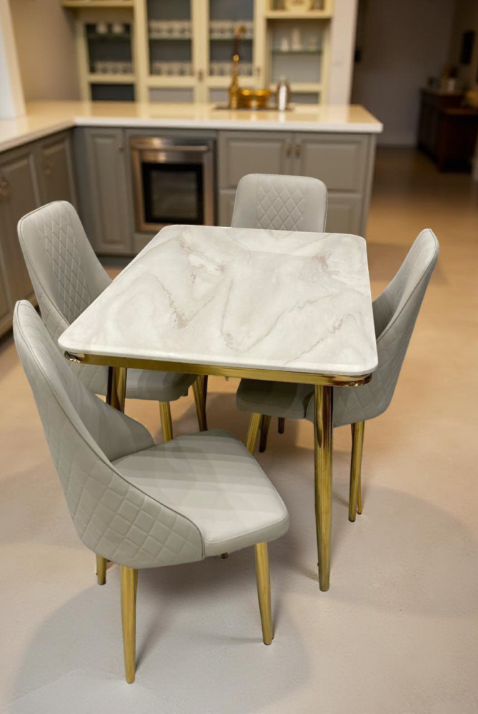 طاولة طعام رخام ستيل ذهبي 4 كرسي جلد