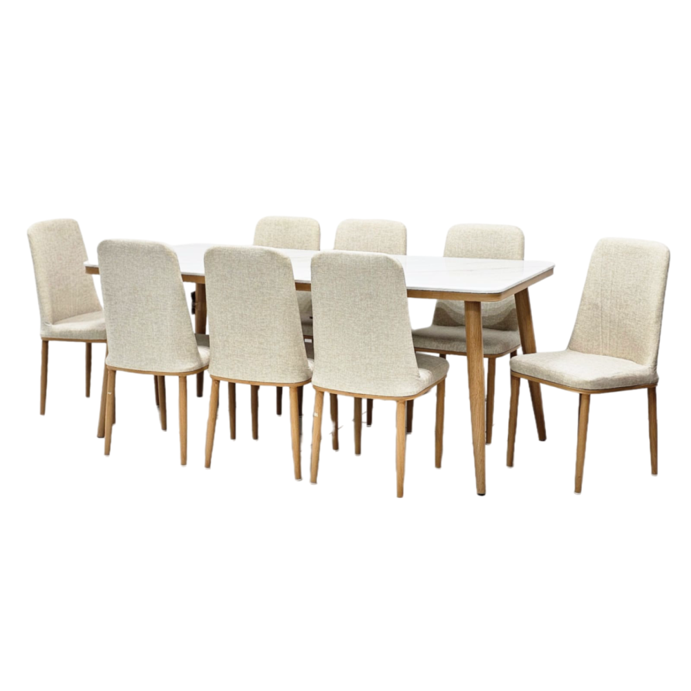 طاولة طعام رخام 8 كرسي جلد لون بيج