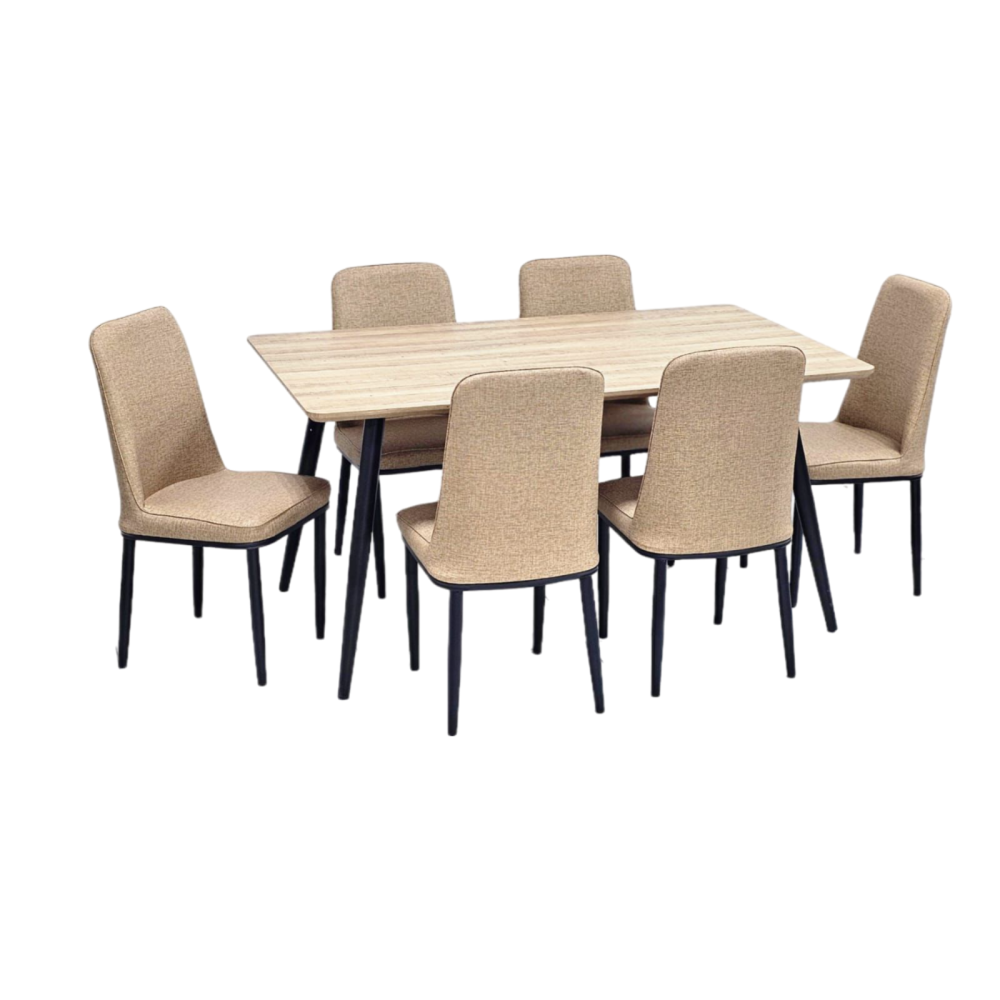 طاولة طعام خشب و 6 كراسي جلد لون بني فاتح