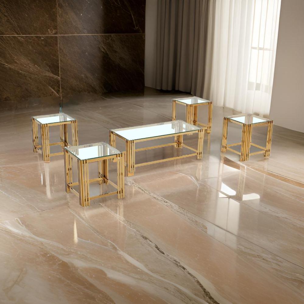 طقم طاولات خدمة استيل ذهبي: تصميم فاخر مع سطح زجاجي – 5 قطع