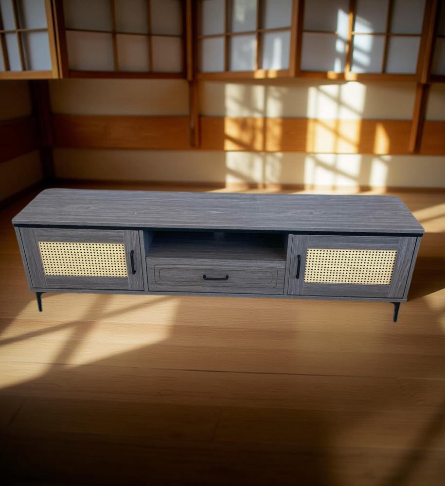 طاولة تلفاز خشب و راتان مقاس 160 سم لون رمادي